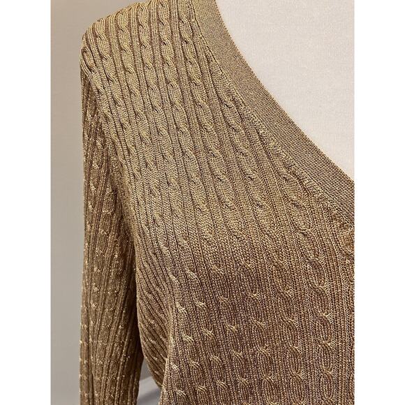 Ralph Lauren Women Button Up Cardigan Sweater Size 1X Golden Metallic V Neck L/S - Picture 2 of 8